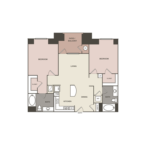 A floor plan of a house with two bedrooms, a living room, a dining room, a kitchen, a bathroom, a cloakroom, and a patio/balcony.